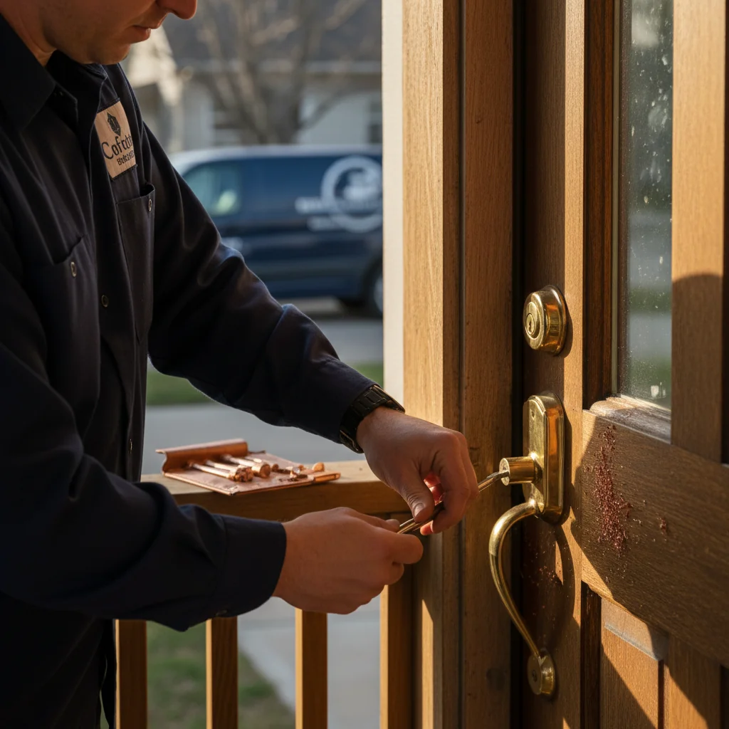 Atlanta locksmith working on a residential entry door